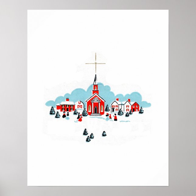 Winter Scene with a Red Church and Christmas Star Poster (Front)