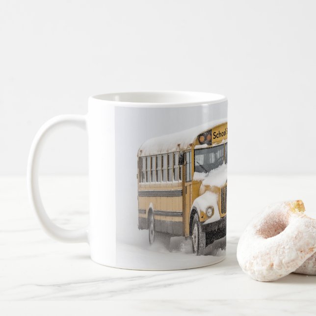 Winter Scene with a Yellow School bus Coffee Mug (With Donut)
