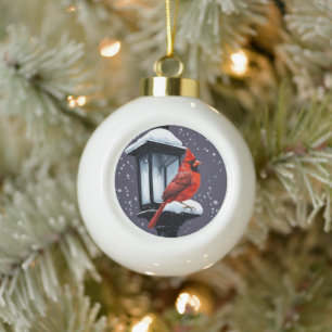 Winter-Scene with Cardinal-Bird Atop A Street-Lant Ceramic Ball Christmas Ornament