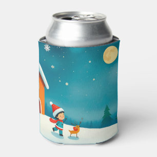 Winter Scene with Child, Reindeer, Christmas Tree Can Cooler
