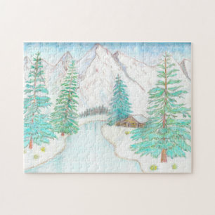 Winter Scene With Mountains Jigsaw Puzzle