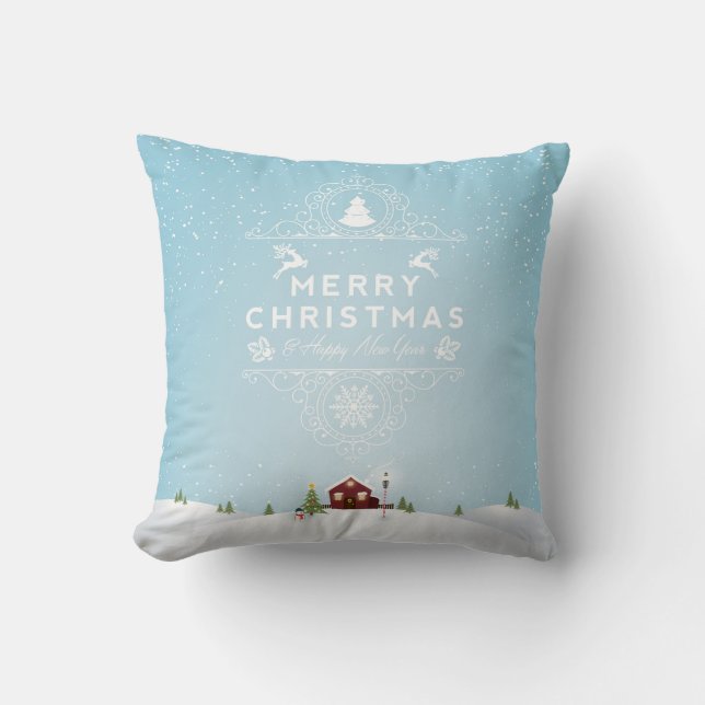 Winter Scene with Red Cabin Christmas Throw Pillow (Front)