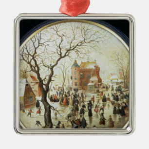 Winter Scene with Skaters near a Castle Metal Tree Decoration