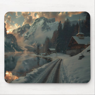 Winter scene with wooden buildings mouse pad