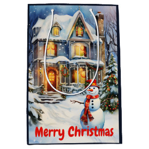 Winter Scenery Christmas House and Snowman Medium Gift Bag