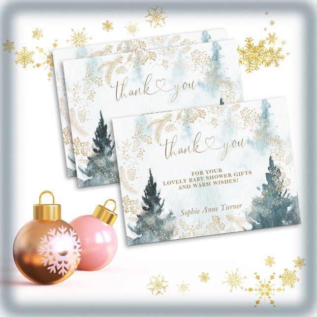 Winter Scenery Gold Baby Shower Calligraphy  Thank You Card (Creator Uploaded)