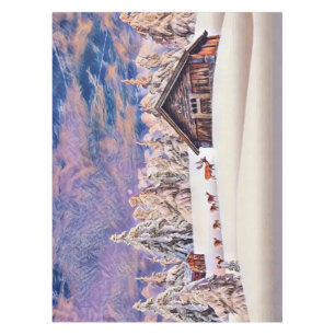 Winter Scenery Reindeer and Log Cabin Watercolor Tablecloth