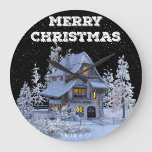 Winter Scenery Snowy House Merry Christmas Holiday Large Clock