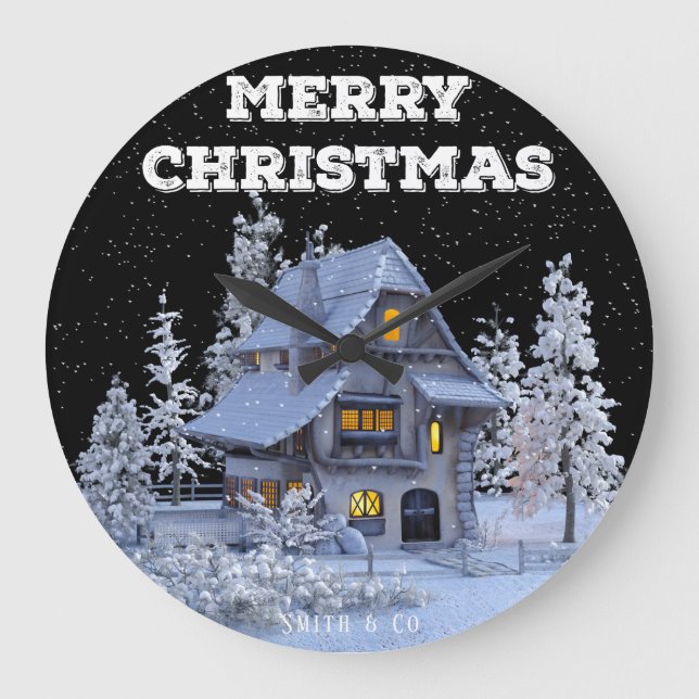 Winter Scenery Snowy House Merry Christmas Holiday Large Clock (Front)