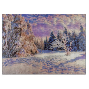 Winter scenery with snowed trees watercolor  cutting board