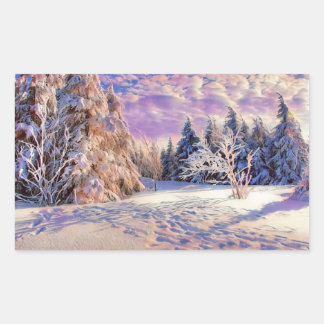 Winter scenery with snowed trees watercolor rectangular sticker