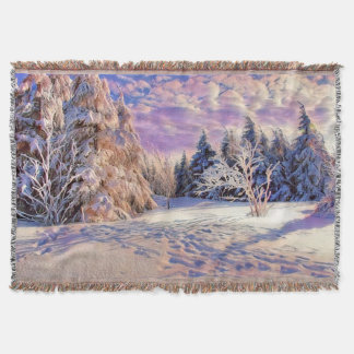 Winter scenery with snowed trees watercolor throw blanket