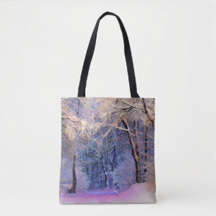 Winter scenery with snowed trees watercolor tote bag