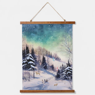 Winter Scenic Wall Tapestry Gnome Skiers and Deer