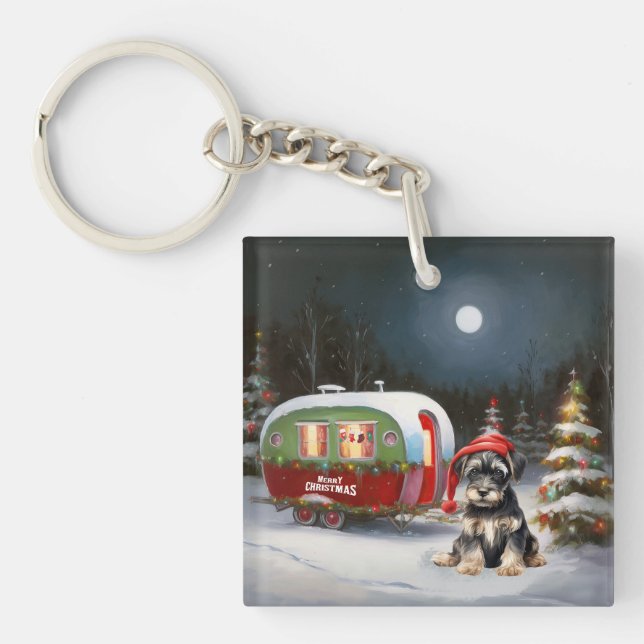 Winter Schnauzer Caravan Christmas Adventure Key Ring (Front)