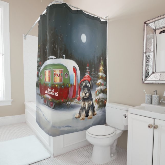 Winter Schnauzer Caravan Christmas Adventure Shower Curtain (In Situ)
