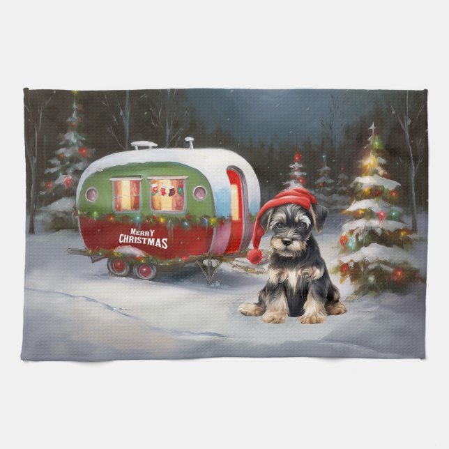 Winter Schnauzer Caravan Christmas Adventure Tea Towel (Horizontal)