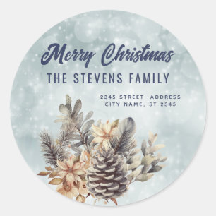 Winter script Merry Christmas pine cone floral Classic Round Sticker