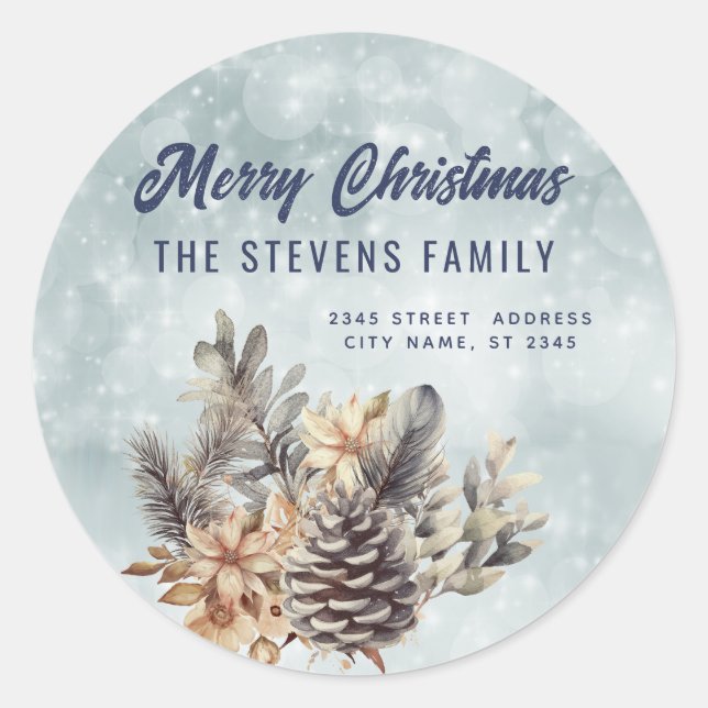 Winter script Merry Christmas pine cone floral Classic Round Sticker (Front)