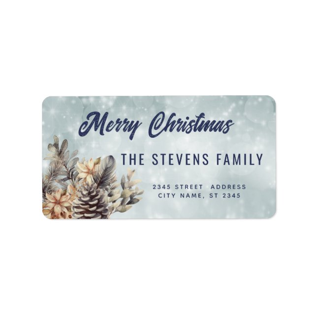 Winter script Merry Christmas pine cone floral Label (Front)