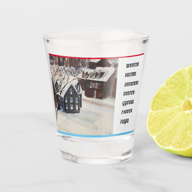 Winter scripted in seven languages shot glass (Front)