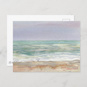 Winter sea landscape. Watercolor art Postcard