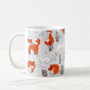 Winter seamless pattern with cute foxes and bunny. coffee mug