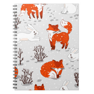 Winter seamless pattern with cute foxes and bunny. notebook