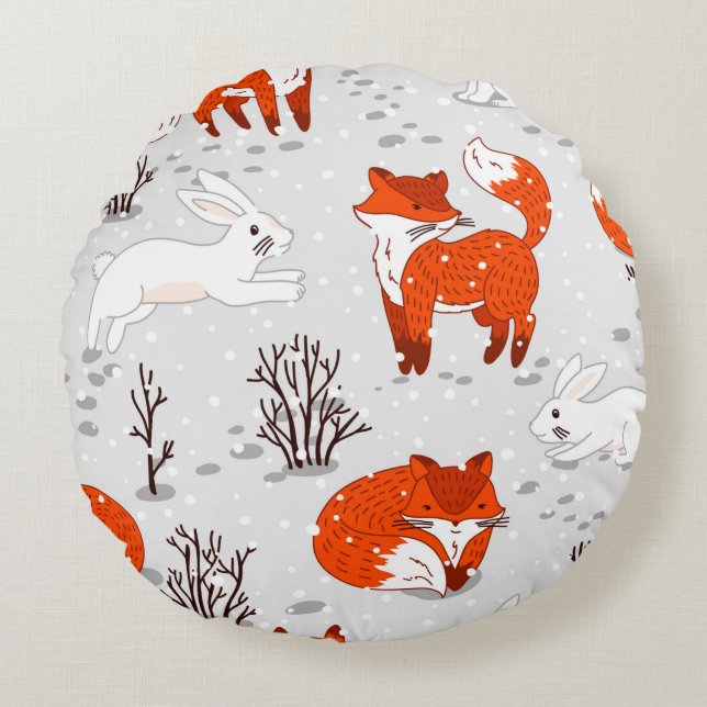 Winter seamless pattern with cute foxes and bunny. round cushion (Front)