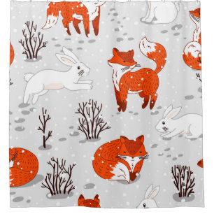 Winter seamless pattern with cute foxes and bunny. shower curtain
