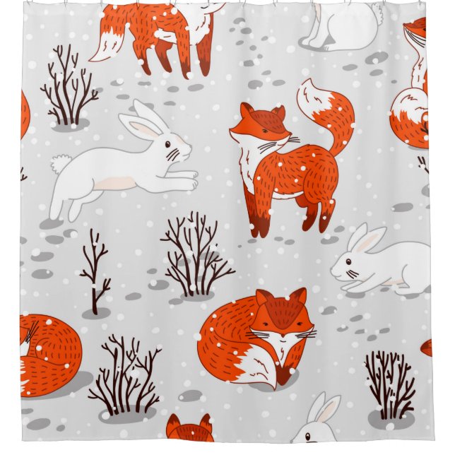 Winter seamless pattern with cute foxes and bunny. shower curtain (Front)