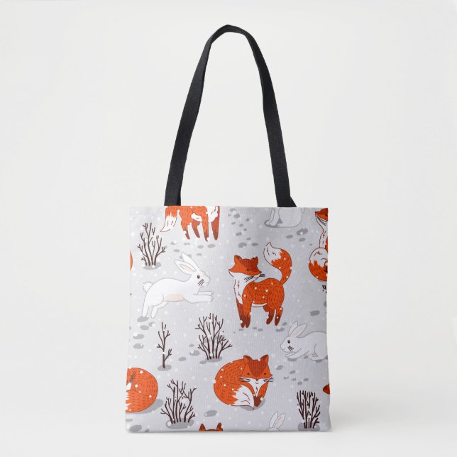 Winter seamless pattern with cute foxes and bunny. tote bag (Front)