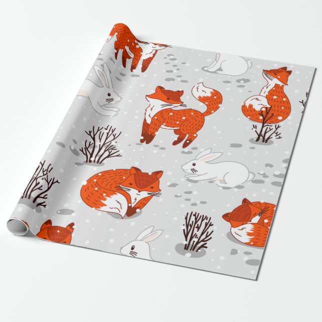Winter seamless pattern with cute foxes and bunny. wrapping paper (Unrolled)