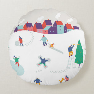 Winter season background people characters. Winter Round Cushion