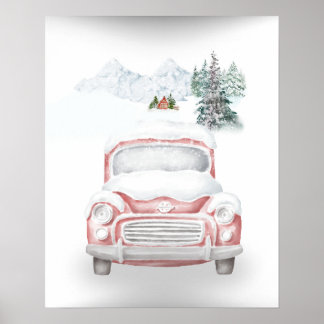 Winter Serenity: Snowy Mountain Landscape with Car Poster