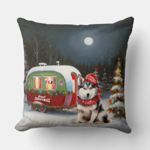 Winter Siberian Husky Caravan Christmas Adventure Cushion