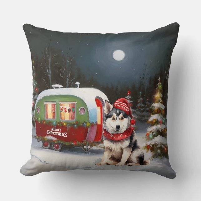 Winter Siberian Husky Caravan Christmas Adventure Cushion (Front)