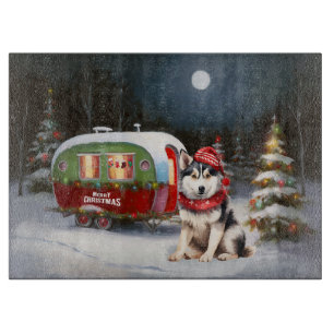 Winter Siberian Husky Caravan Christmas Adventure Cutting Board