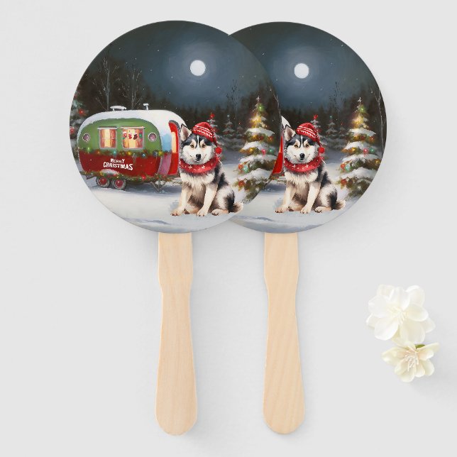 Winter Siberian Husky Caravan Christmas Adventure Hand Fan (Front and Back)