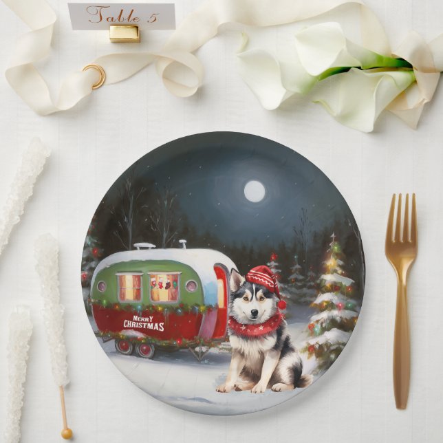 Winter Siberian Husky Caravan Christmas Adventure Paper Plate (Wedding)