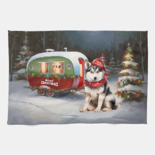 Winter Siberian Husky Caravan Christmas Adventure Tea Towel