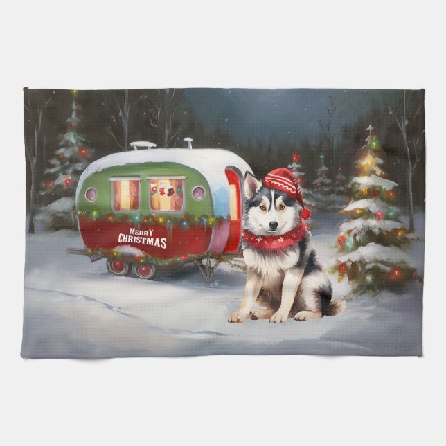 Winter Siberian Husky Caravan Christmas Adventure Tea Towel (Horizontal)