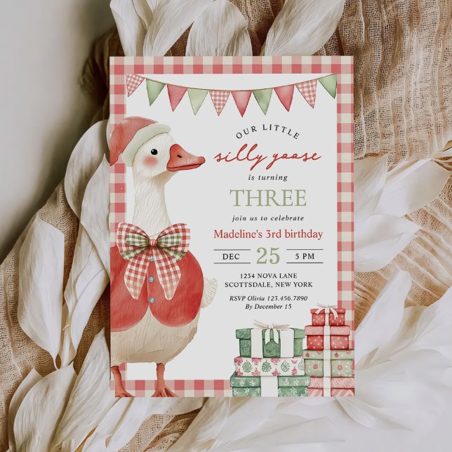 Winter Silly Goose Christmas Gingham 3rd Birthday Invitation (Creator Uploaded)