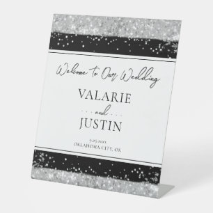 Winter Silver and Black Glitter Wedding Welcome Pedestal Sign