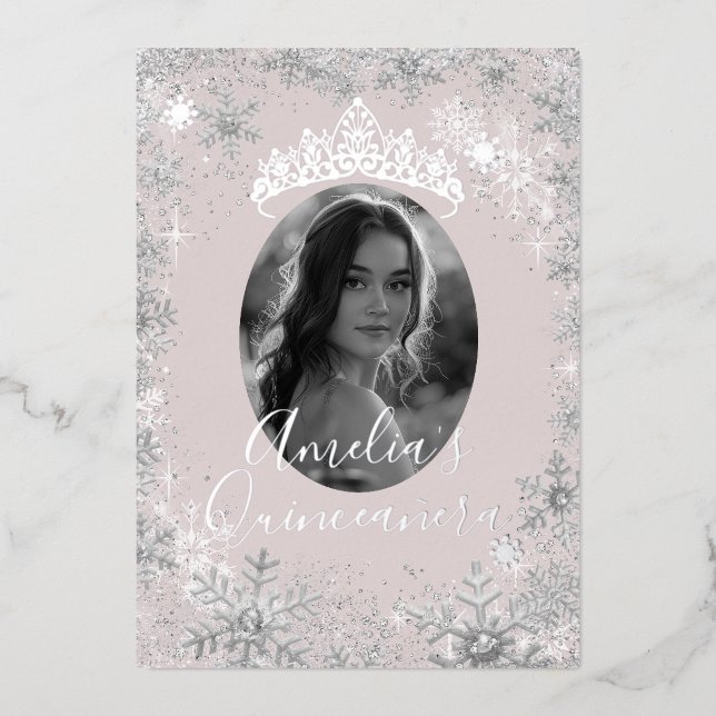 Winter Silver Beige Snowflake Photo Quinceanera (Front)