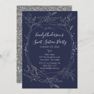 Winter Silver Blue Floral Sweet 16 Birthday Invitation