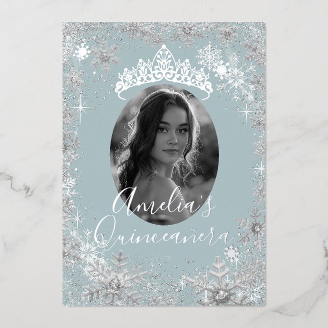 Winter Silver Blue Snowflake Photo Quinceanera (Front)