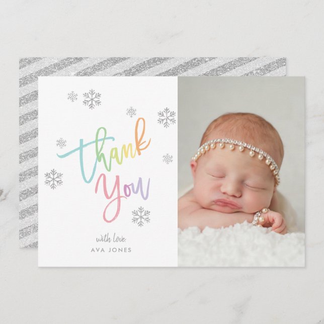 Winter Silver Glitter Snowflake Thank You Photo Invitation (Front/Back)
