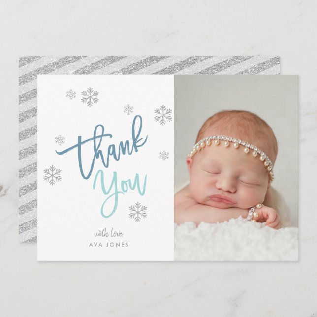 Winter Silver Glitter Snowflake Thank You Photo Invitation (Front/Back)