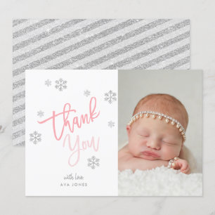 Winter Silver Glitter Snowflake Thank You Photo Invitation